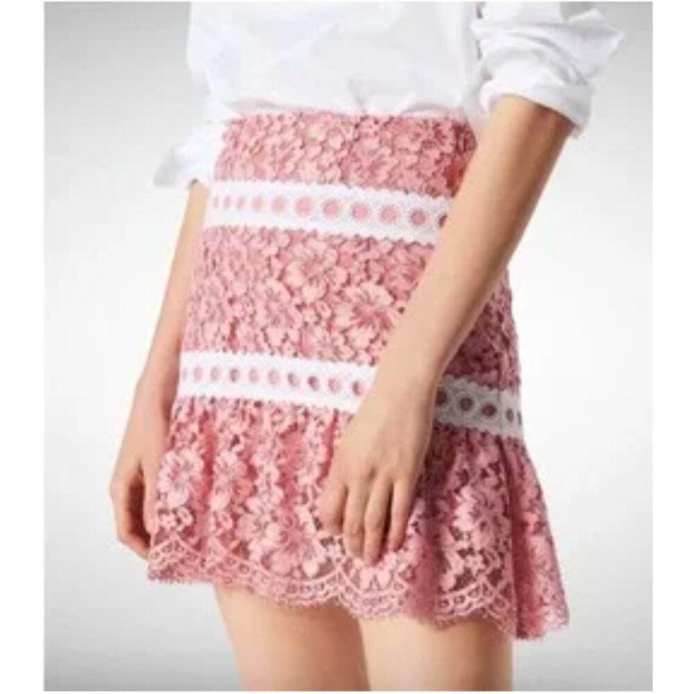 Sandro Devon Banded Floral Lace Mini Skirt in Rose Pink